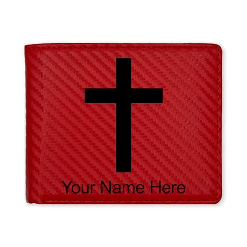 LaserGram Personalized Wallet, Christian Cross (Carbon Fiber Red) - color: Carbon Fiber Red