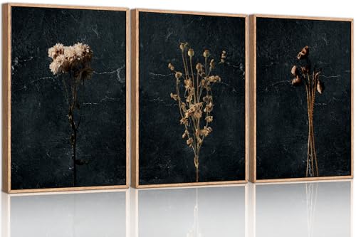 Large Boho Moody Dark Floral Framed Canvas Wall Art Set -24"x36"x3 - color: Moody Dark Wall Art, size: 24"L x 36"W