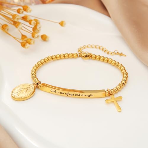 DS Women Christian Charm Bracelet,Cross Scripture Stainless Steel Jewelry - style: God is our refuge and strength-Gold