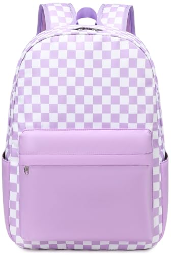 UREYMX Checkered Backpack - School Backpack for Kids, Large Capacity, Waterproof, Lightweight, Black - color: Purple and White Plaid