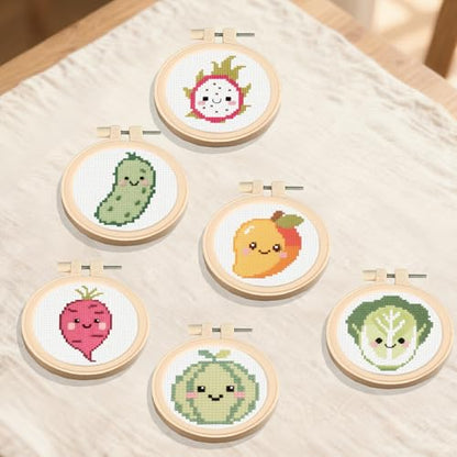 57lilina Easy Embroidery Kit for Kids Beginners, 6 Set Cute Stamped Pattern - color: Mango+Dragon Fruit+Cucumber+Sweet Potato+Cantaloupe+Cabbage