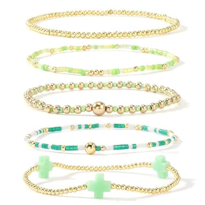 Gold Beaded Bracelets Stack for Women Stackable 14K Gold Plated Beads Ball Cross Bracelet Boho Christian Jewelry Faith Friendship Birthday Gifts for Women - color: Green