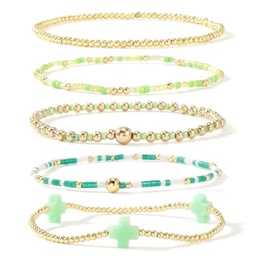 Gold Beaded Bracelets Stack for Women Stackable 14K Gold Plated Beads Ball Cross Bracelet Boho Christian Jewelry Faith Friendship Birthday Gifts for Women - color: Green