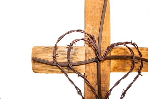 Eco Wine Furniture Rustic Wooden Wall Cross with Barbed Wire Double Heart Design, Handcrafted Religious Home Decor