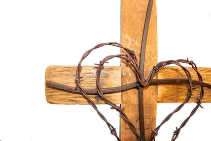 Eco Wine Furniture Rustic Wooden Wall Cross with Barbed Wire Double Heart Design, Handcrafted Religious Home Decor