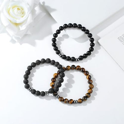 Mens Beaded Bracelets, 8MM Beaded Bracelets for Men, Natural Tiger Eye Bead Bracelet, Stretch Elastic Beads Bracelets for Men - color: 3 tiger eye black agate volcanic