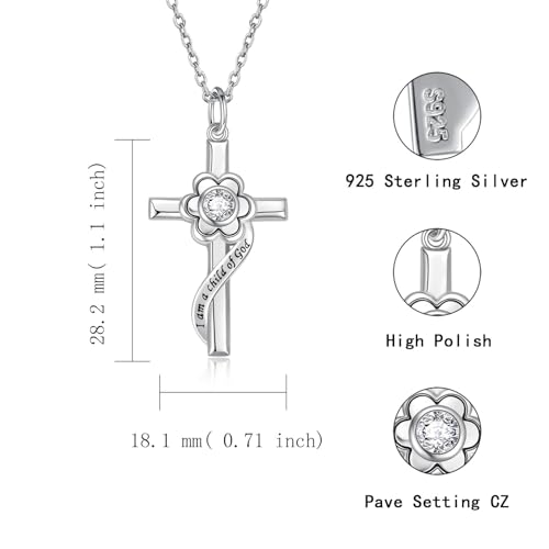 I am a Child of God Necklace - 925 Sterling Silver Birthstone Flower Cross Pendant Religious Jewelry Baptism First Communion Confirmation Gifts for Girls - style: Apr.
