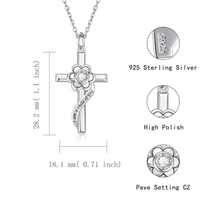 I am a Child of God Necklace - 925 Sterling Silver Birthstone Flower Cross Pendant Religious Jewelry Baptism First Communion Confirmation Gifts for Girls - style: Apr.