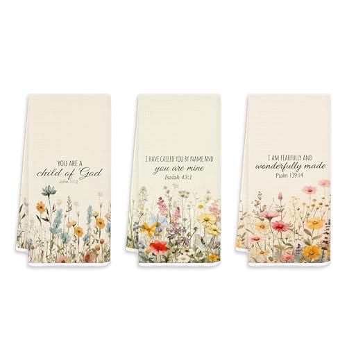 Vintage Floral Christian Kitchen Towels, Christian Gifts for Women, Inspirational Wildflower Bible Verse Decorative Hand Towels for Bathroom, Religious Decor Dish Tea Towel 16x24 Inch Set of 3