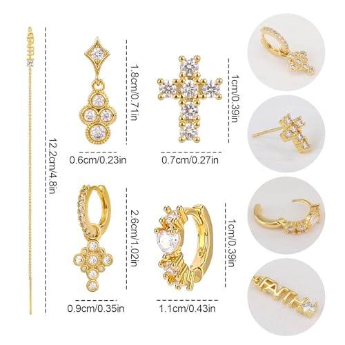 Gold Earrings Set for Women 14K Gold Plated Cubic Zirconia Love Heart Bowknot Clover Fruit Flower Insect Ocean Cross Huggie Hoop Earrings Stud Earrings Set for Multiple Piercing Party Jewelry Gifts - style: Cross
