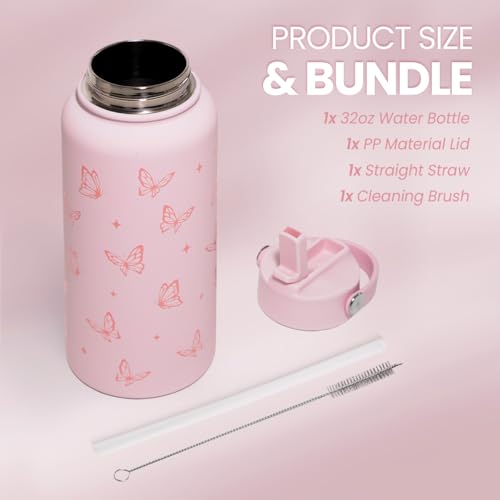 Butterfly Water Bottle Insulated Vacuum Stainless Steel 32oz with Lid, Gifts for Women Girls Teens Birthday Christmas - color: Butterfly