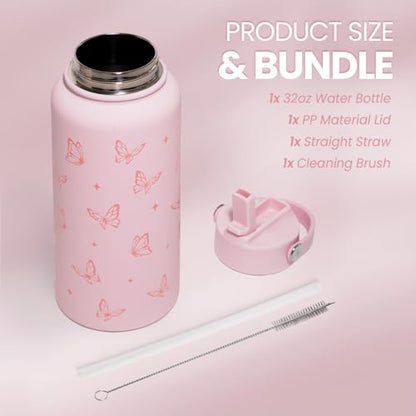 Butterfly Water Bottle Insulated Vacuum Stainless Steel 32oz with Lid, Gifts for Women Girls Teens Birthday Christmas - color: Butterfly
