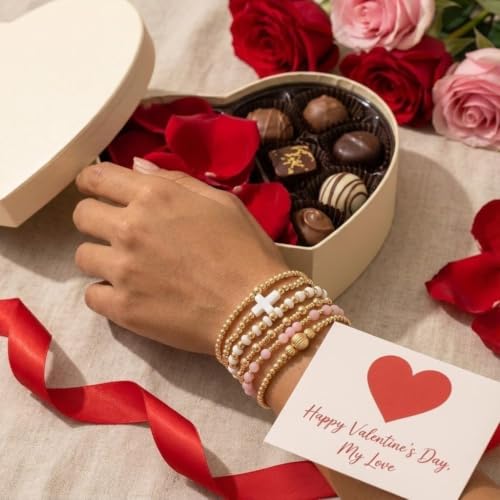 Gold Beaded Bracelets Stack for Women Stackable 14K Gold Plated Beads Ball Cross Bracelet Boho Christian Jewelry Faith Friendship Birthday Gifts for Women - color: 6pcs-Pink White