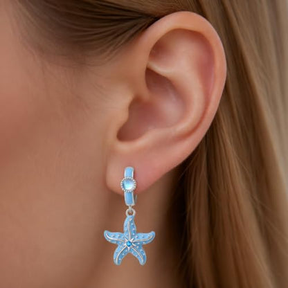 925 Sterling Silver Cute Animal Unique Huggie Hoop Earrings for Women - color: Blue Starfish