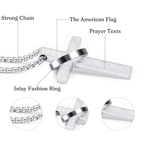 Cross Necklace for Men,Stainless Steel Ring Pendant Necklaces - color: silver, style: 23:4 with ring