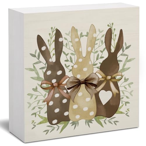 Easter Decor, Rabbit Wooden Box Sign, Rustic Easter Tiered Tray Decorations, Farmhouse Bunny Table Centerpiece Sign for Party Home Kitchen Dining Table Decor 5x5 - color: 03-Easter-Bunny