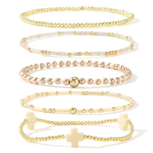 Gold Beaded Bracelets Stack for Women Stackable 14K Gold Plated Beads Ball Cross Bracelet Boho Christian Jewelry Faith Friendship Birthday Gifts for Women - color: Yellow