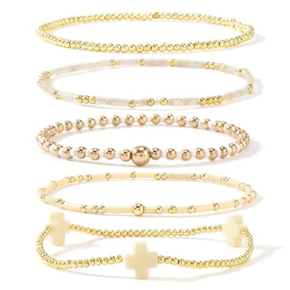 Gold Beaded Bracelets Stack for Women Stackable 14K Gold Plated Beads Ball Cross Bracelet Boho Christian Jewelry Faith Friendship Birthday Gifts for Women - color: Yellow
