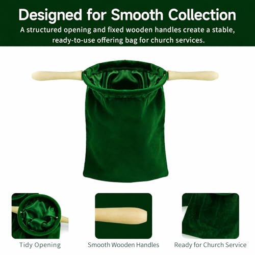 2 Pack Church Offering Bags with Wooden Handles, Deep Green Velvet Tithe Collection Bags with Neat Open Shape, Lined Interior, for Worship Service, Church Giving, Tithes and Donation Collection