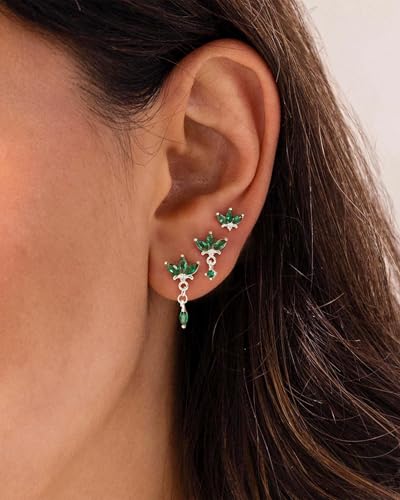 3 Pair Tiny Flat Back Earrings for Women - 14K Gold/White Gold Plated Dainty Cute Small Screw Flatback Stud Earring, Everyday Wear Gift - color: Silver-Green Marquise Flat 7/13/18mm