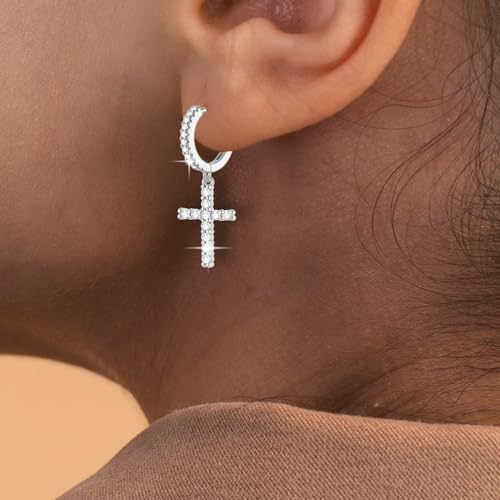 14K Gold Plated Cross Earrings for Women Men, CZ Cross Dangle Earrings Hypoallergenic Jewelry Gift - color: Silver