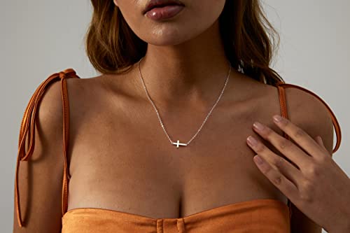 VIROMY Gold Cross Necklace for Women 14K Gold Plated Cute Sidways Cross Pendant Choker Necklaces Simple Trendy Everyday Jewelry for Women - style: Cross Bar-44CM-Silver