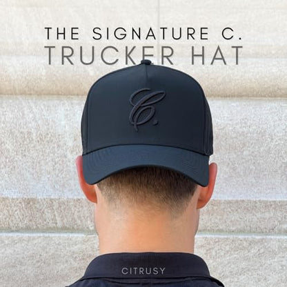 CITRUSY Athletic Trucker Golf Hat | Performance Mens 5 Panel Cap | Cool Breathable Waterproof Workout Running Snapback - color: Signature C. | Black
