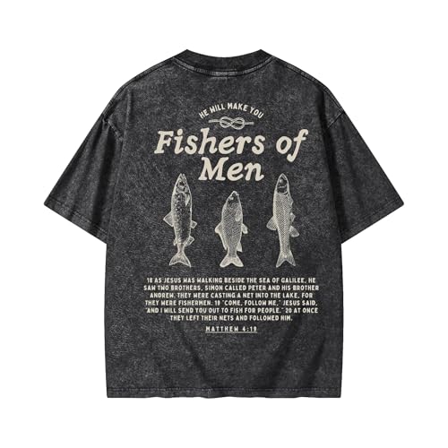 Christian Fishers of Men Shirt for Women Men Jesus Religious Oversized Graphic Tees Acid Wash Bible Verse Faith God T-Shirt - color: Black, size: Large