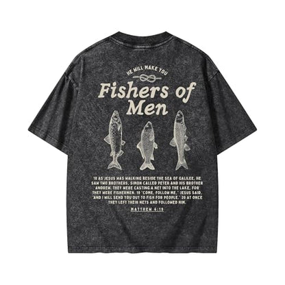 Christian Fishers of Men Shirt for Women Men Jesus Religious Oversized Graphic Tees Acid Wash Bible Verse Faith God T-Shirt - color: Black, size: 4X-Large