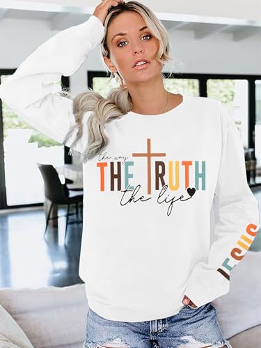 Christian Sweatshirt Women Bible Verse Pullover Religious Faithful Shirt - color: White, size: Medium