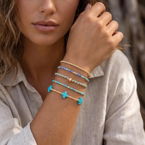 Gold Beaded Bracelets Stack for Women Stackable 14K Gold Plated Beads Ball Cross Bracelet Boho Christian Jewelry Faith Friendship Birthday Gifts for Women - color: Blue