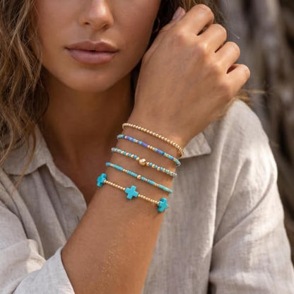 Gold Beaded Bracelets Stack for Women Stackable 14K Gold Plated Beads Ball Cross Bracelet Boho Christian Jewelry Faith Friendship Birthday Gifts for Women - color: Blue