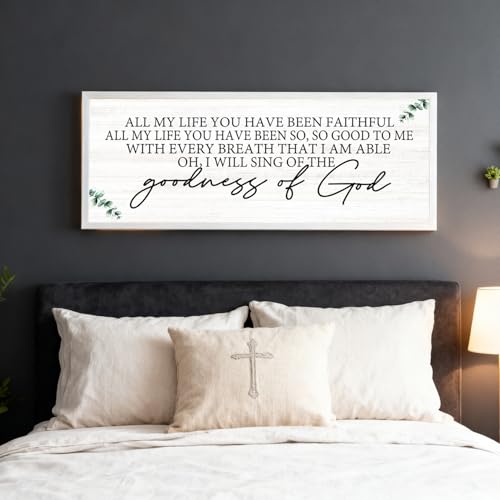 Goodness of God Framed Wall Art, 40''×15'' Positive Religious Long Natural Bible Verse for Christian God Jesus Christ Prayer, Vintage Rustic Holy Catholic Scripture Decor White - color: White Frame, style: Goodness of God
