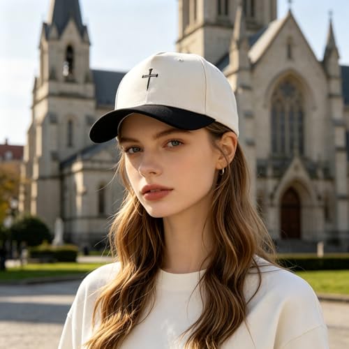 Embroidered Christian Two-Tone Baseball Cap for Men & Women, Adjustable Dad Hat Christmas Easter Gift - color: Jesus 3 Nail Cross Shape, Black/Beige