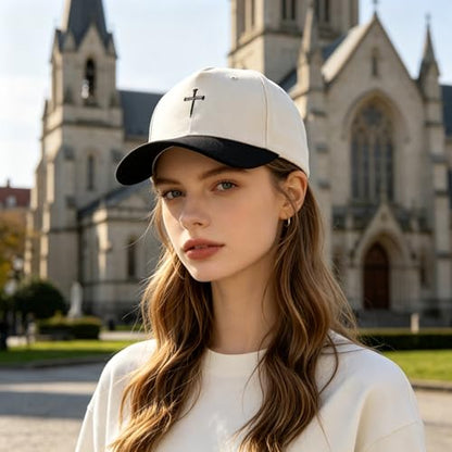 Embroidered Christian Two-Tone Baseball Cap for Men & Women, Adjustable Dad Hat Christmas Easter Gift - color: Jesus 3 Nail Cross Shape, Black/Beige