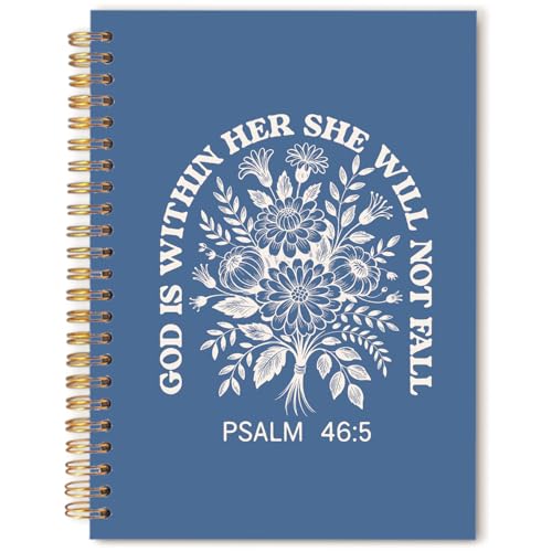 Boho Blue Floral Christian Prayer Notebook Journal, God Is Within Her She Will Not Fall Religious Bible Verse Spiral Hardcover Notebook Journal for Study Office Work, 5.5x8.3 Inch - color: Dusty Blue Flowers & Bible