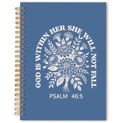 Boho Blue Floral Christian Prayer Notebook Journal, God Is Within Her She Will Not Fall Religious Bible Verse Spiral Hardcover Notebook Journal for Study Office Work, 5.5x8.3 Inch - color: Dusty Blue Flowers & Bible