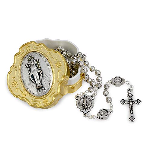 Catholic Rosary Beads with Metal Keepsake Gift Box Set - color: Miraculous Medal Gold Tone