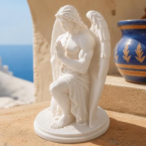 White Kneeling Praying Male Angel Statue, Plastic Figurine with Hands Clasped for Tabletop, Shelf and Desk Display