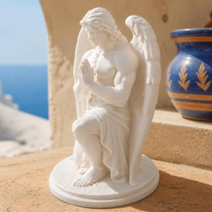 White Kneeling Praying Male Angel Statue, Plastic Figurine with Hands Clasped for Tabletop, Shelf and Desk Display