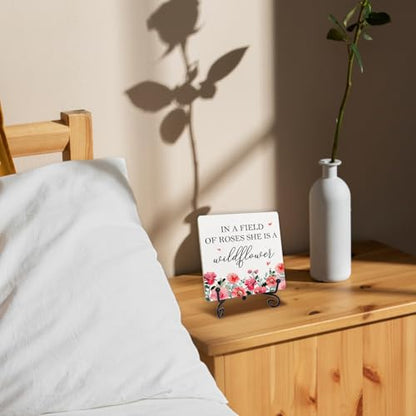 Country in a Field of Roses She is a Wildflower Table Wood Plaque Sign, Elegant Graphic Flower Wood Plaque Sign With Stand, Inspirational Desk Decor for Home Live Room Office Table Shelf - style: I