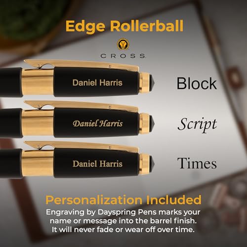 Cross Edge Gel Rollerball Pen, Matte Black Lacquer and Gold Trim, Personalized — Retirement, Work Anniversary, Graduation, or Career Milestone Award Gift - color: Black/Gold Trim