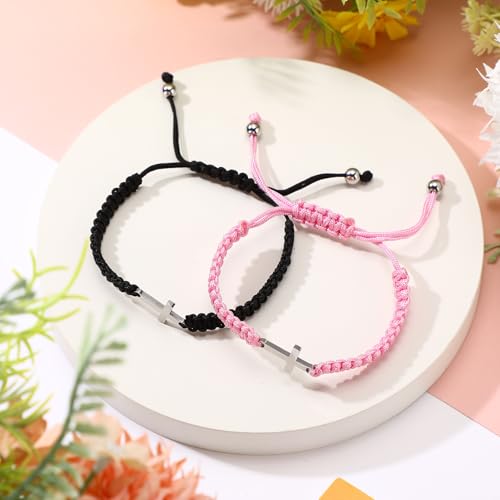 Sureio 2 Pcs Christian Cross Matching Bracelets for Women Men - color: Black, Pink
