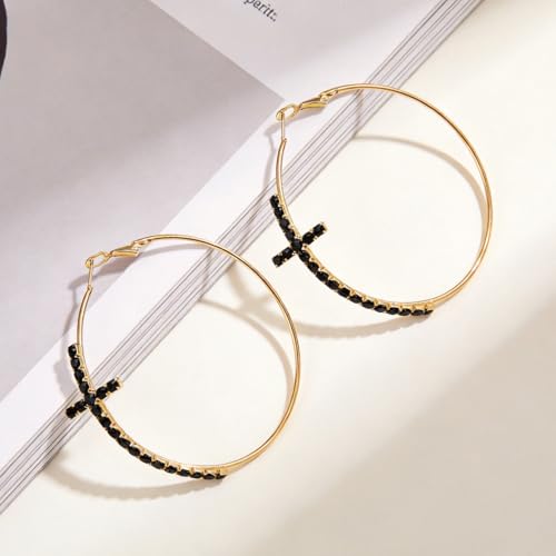 Large Cross Hoop Earrings for Women Sparkly Rhinestone Statement Jewelry for Prom Wedding Party Night Out Accessories Shiny Silver Tone Fashion Dangle Earings - color: Black