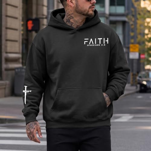 Christian Hoodies for Men Faith Cross Graphic Hoodie Jesus Fleece Sweatshirts Bible Verse Religious Pullover Tops - color: Black, size: Large