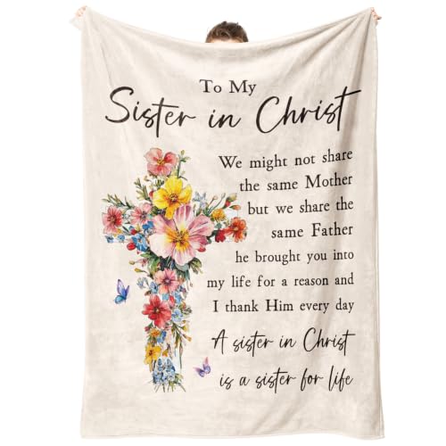 Christian Gifts for Women, Sister in Christ Floral Cross Blanket - color: Cream
