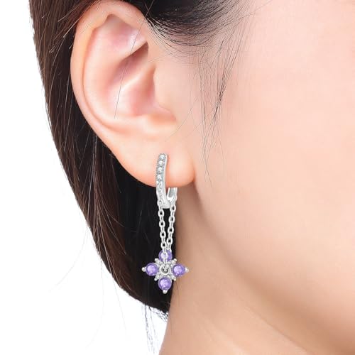 925 Sterling Silver Drop & Dangle Earrings for Women,Butterfly Dragonfly and Bee|Flower and leaf Earrings, Suitable for Sensitive Ears Fashion Jewelry Gift- Hypoallergenic Earrings - color: Purple flower chain