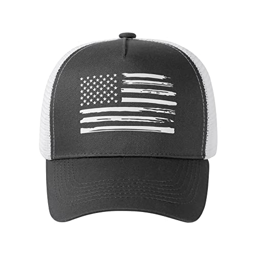 Baseball Cap, American Flag Trucker Hat for Men Women, Breathable Adjustable Fit Outdoor Mesh Snapback Hats - color: Dark Gray/White Flag