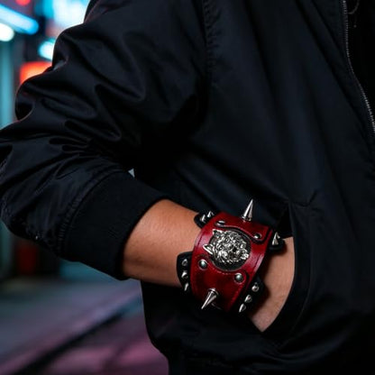 HZMAN Leather Bracelets Retro Men's Leather Cuff Bracelet Adjustable Wide Wristband Bracelet Jewelry Gift - color: Red-Wolf