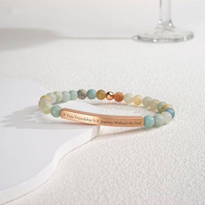 Inspirational Christian Bracelet for Women, 18K Gold Plated Bible Verse Jewelry with Amazonite Beads, Religious Faith Gift for Mom, Daughter, Sister, Friend - color: A true friendship is a journey without an end-Amazonite Rose Gold